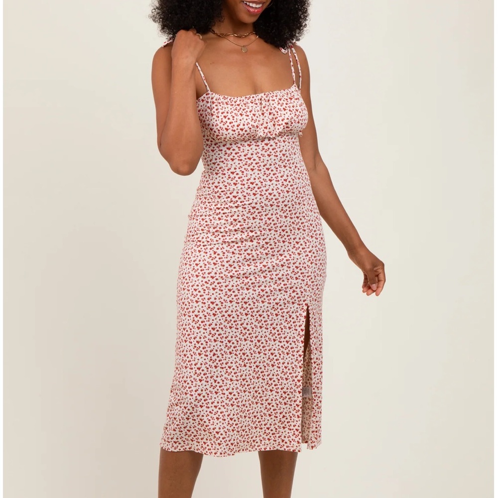 LUSH red white ditsy floral tie shoulder ruched neckline slit midi dress small